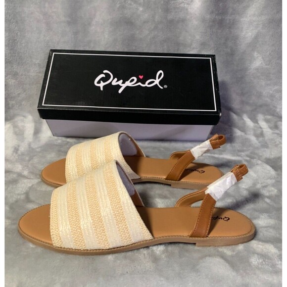 Qupid Sandals Women's 10 Cream Beige Open Toe Slingback Flat Desmond Vacation - Picture 1 of 11